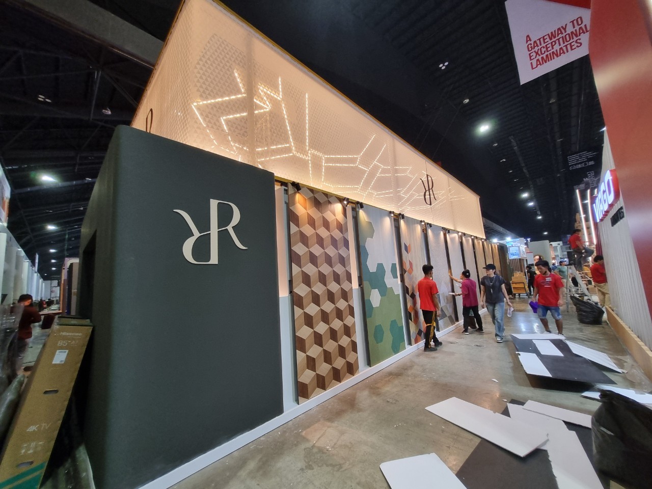 Exhibition booth taking shape inside an event hall